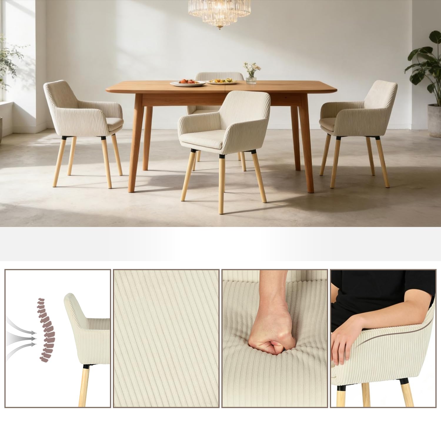 MEUBLE Cosy Sillas de Comedor Escandinavo Juego de 2, Sillas Cocina con Reposabrazos, Asiento Acolchado en Tela de Pana, Patas de Madera, Beige