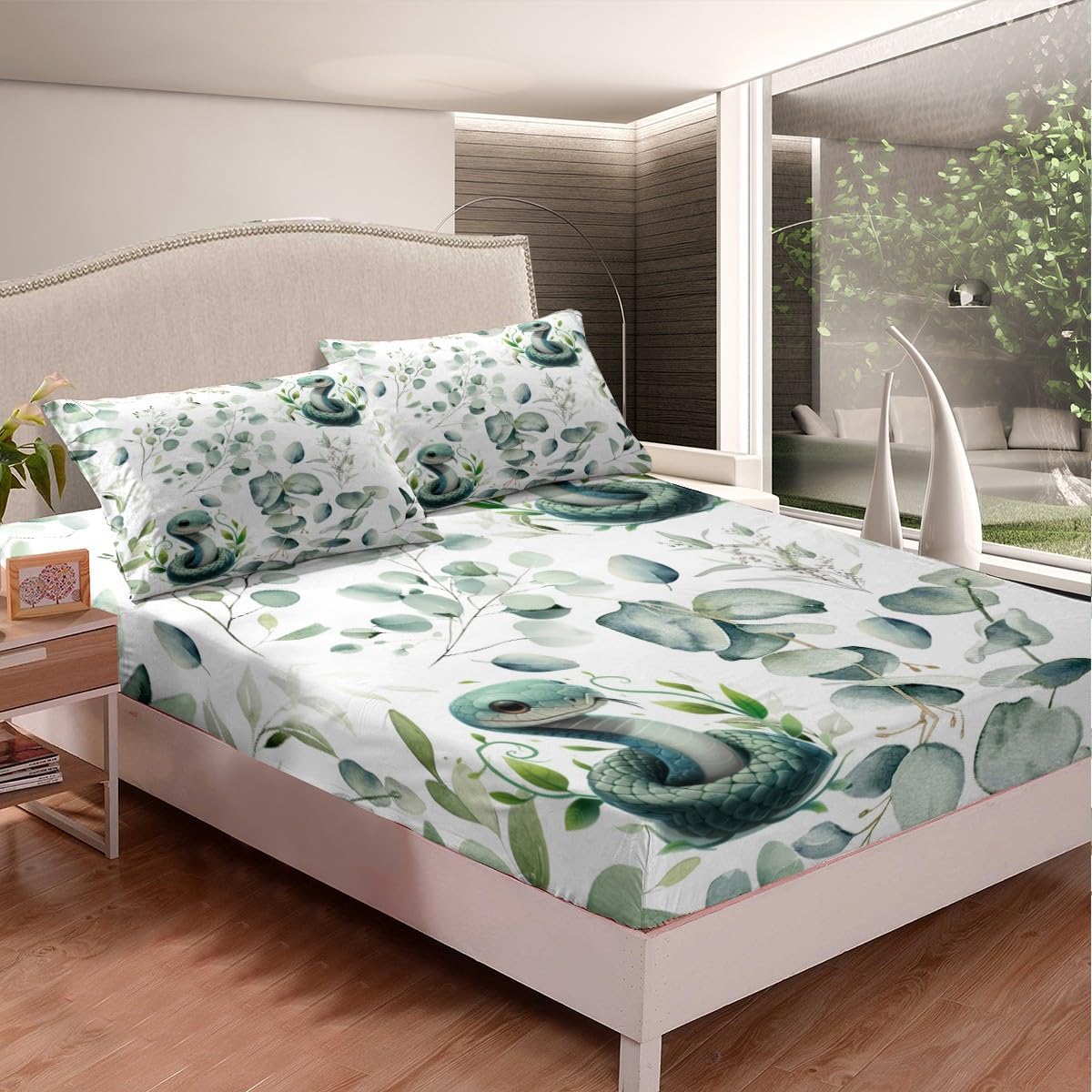 Erosebridal Cute Snake Sheet Set for Kids Child Green Eucalyptus Bed Sheets Set, Wild Animal Twin Sheets Botanical Plant Leaves Bed Set, Cartoon Wildlife Top Sheet image 4