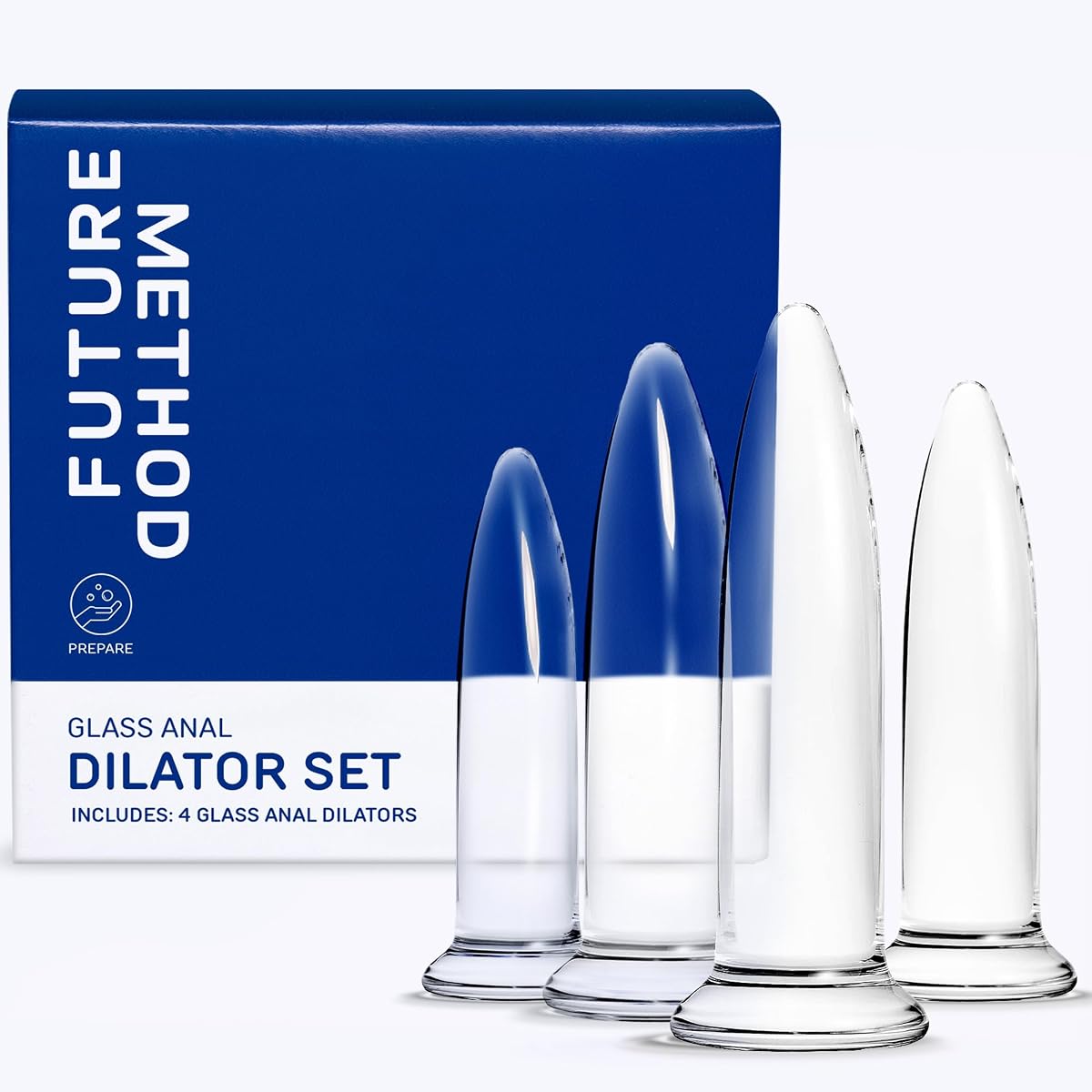 Future Method Glass Anal Dilator Set, 4-Piece Borosilicate Trainer Kit | Gradual Size Training, Body-Safe Borosilicate Glass, Temperature-Adjustable Surface, 4-Piece Dilator Set