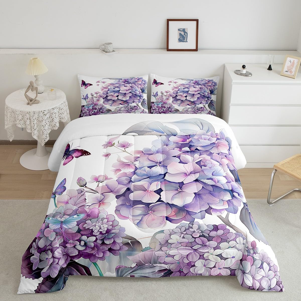 Erosebridal Girls Hydrangea Floral Queen Comforter Set Blue Purple Butterfly Bedding Sets,Vintage Flower Duvet Set Cute Animal Quilted Duvet Spring Botanical Bedroom Decorration,Microfiber 3pcs