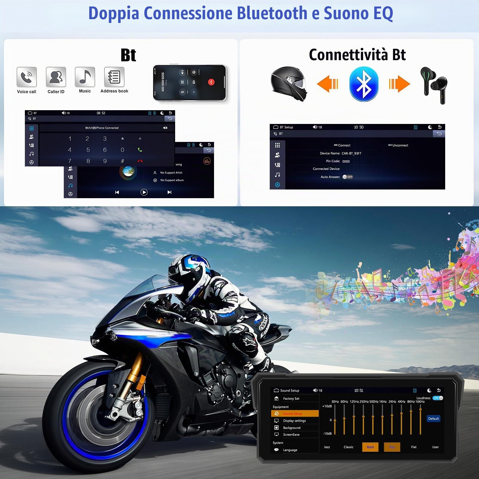 [2025] CAMECHO Senza Fili Carplay 8.1 Pollice Moto Schermata con Android Auto IP68 impermeabile, Touchscreen Navigatore con Bluetooth Airplay Android Cast EQ Suono Ampia Adattabilità +1600 * 600 HD