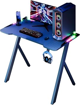 hatleues Gaming Desk with LED Lights RGB Computer Table Carbon Fiber Surface Home Office Gaming Desk, 39.3" Gaming Computer Desk, PC Workstation Desk with Cup Holder & Headphone Hook Black