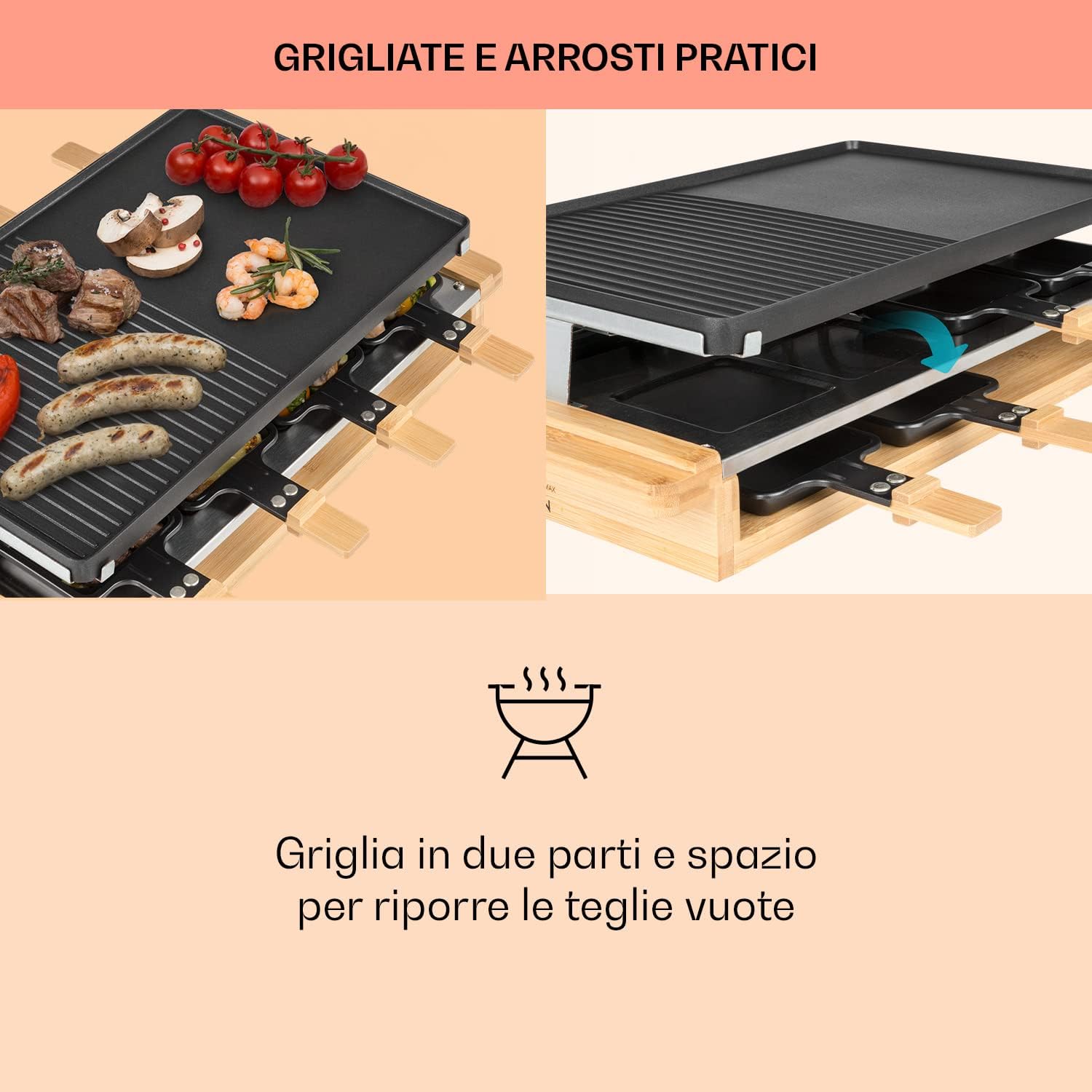 Klarstein Griglia Raclette, Piastra Raclette Formaggio con Base in Legno 1200W, Piastra Elettrica per Grigliare Carne e Formaggio, Piastra Grill con 8 Padelle, Termostato Regolabile per 8 Persone Klarstein Griglia Raclette, Piastra Raclette Formaggio con Base in Legno 1200W, Piastra Elettrica per Grigliare Carne e Formaggio, Piastra Grill con 8 Padelle, Termostato Regolabile per 8 Persone