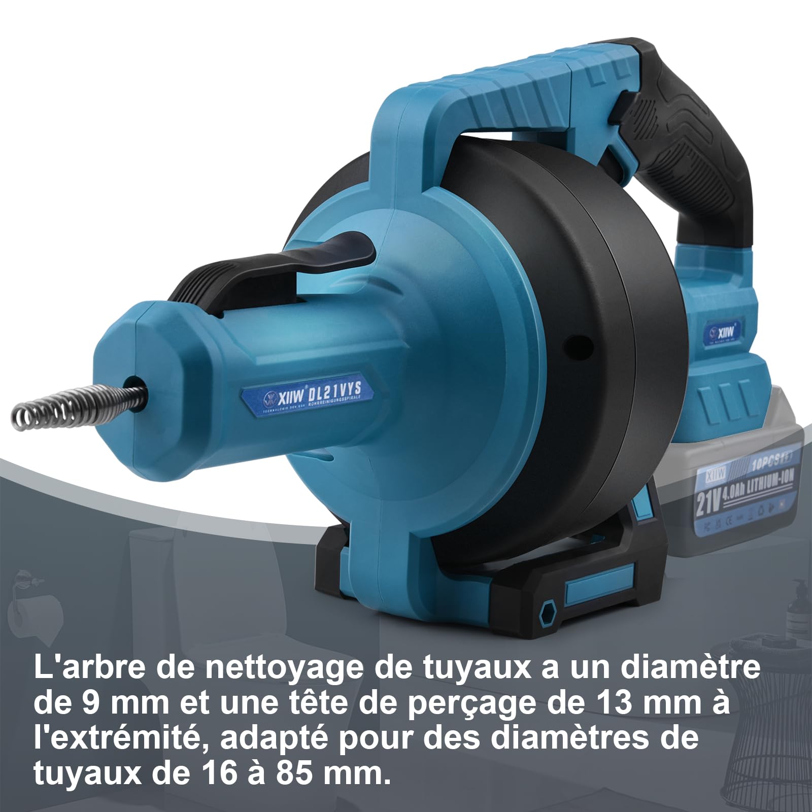 XIIW Furet Déboucheur de Canalisation Électrique Sans Fil 18V(MAX 21V), Spirale 7,6m, Pour Tuyaux Ø16-85mm, Rotation Avant/Arrière, Batteries Incluses, Outil de nettoyage de tuyaux professionnel