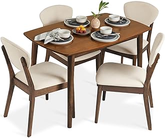 5-Piece Dining Set, Compact Mid-Century Modern Table & Chair Set for Home, Apartment w/ 4 Chairs, Padded Seats & Backrests, Wooden Frame - Walnut/Cream