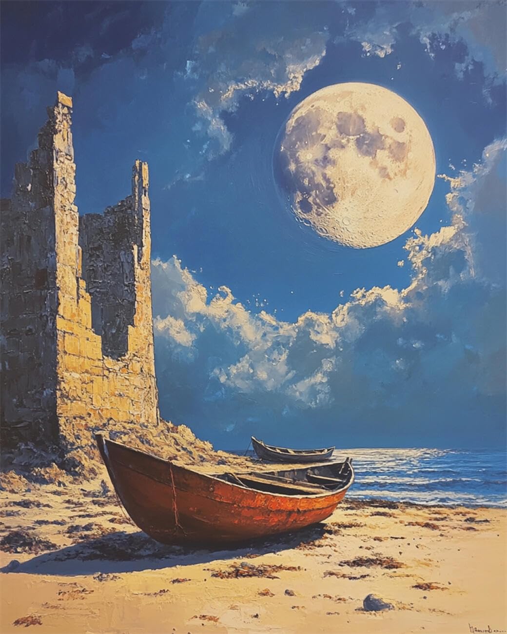 RKFLGEW DIY Seed Bead Embroidery Kits Small Boat and The Moon 30x40cm