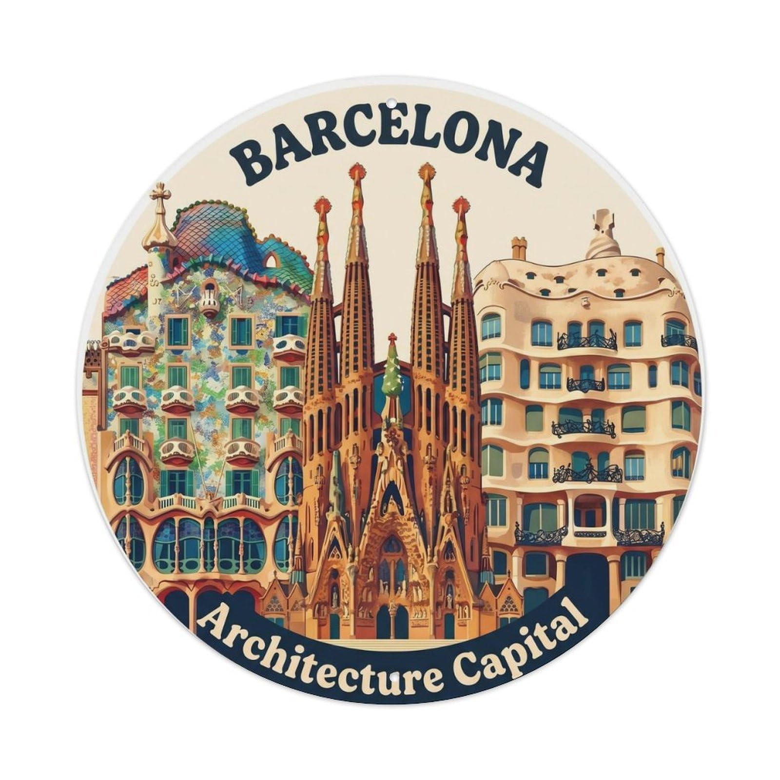 Retro Barcelona Catalan Architecture Building Landmark Metal Tin Sign Plaque Wall Decor for Cafe, Man Cave, Club Bar, Office, Home Garden Round Metal Poster 8x8Inch