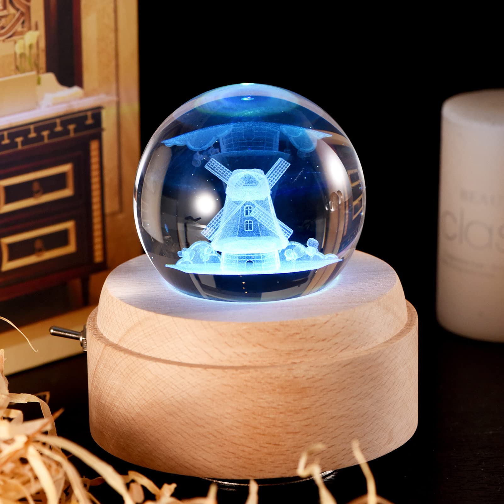 Carillon musicale in cristallo rotante con luce LED luminosa base in legno Windup musicale notte decorazione regalo per compleanno, San Valentino, Capodanno