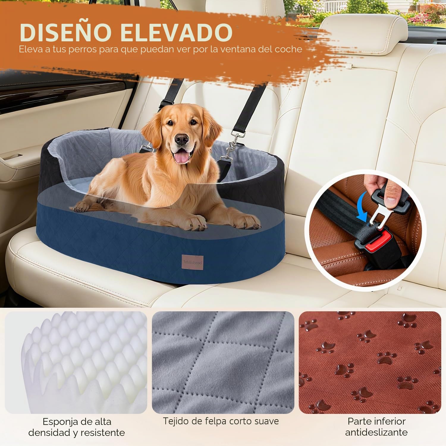 Asiento de Coche de 10 cm de Altura para Perros de Menos de 25 kg | Cojín de 70 x 42 x 10 cm, 2 correas de seguridad, asiento para coche para perros con funda extraíble y lavable