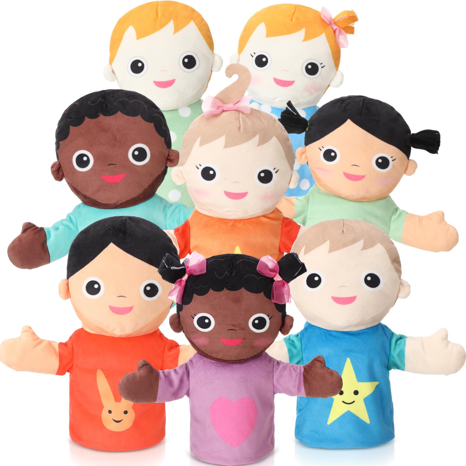 Jenaai 8 Pcs Multicultural Hand Puppets Set for Kids 11.8" African Asian European Children Plush Hand Puppets for Boys Girls House School Theater Shows Storytelling Role Play Classroom Teaching