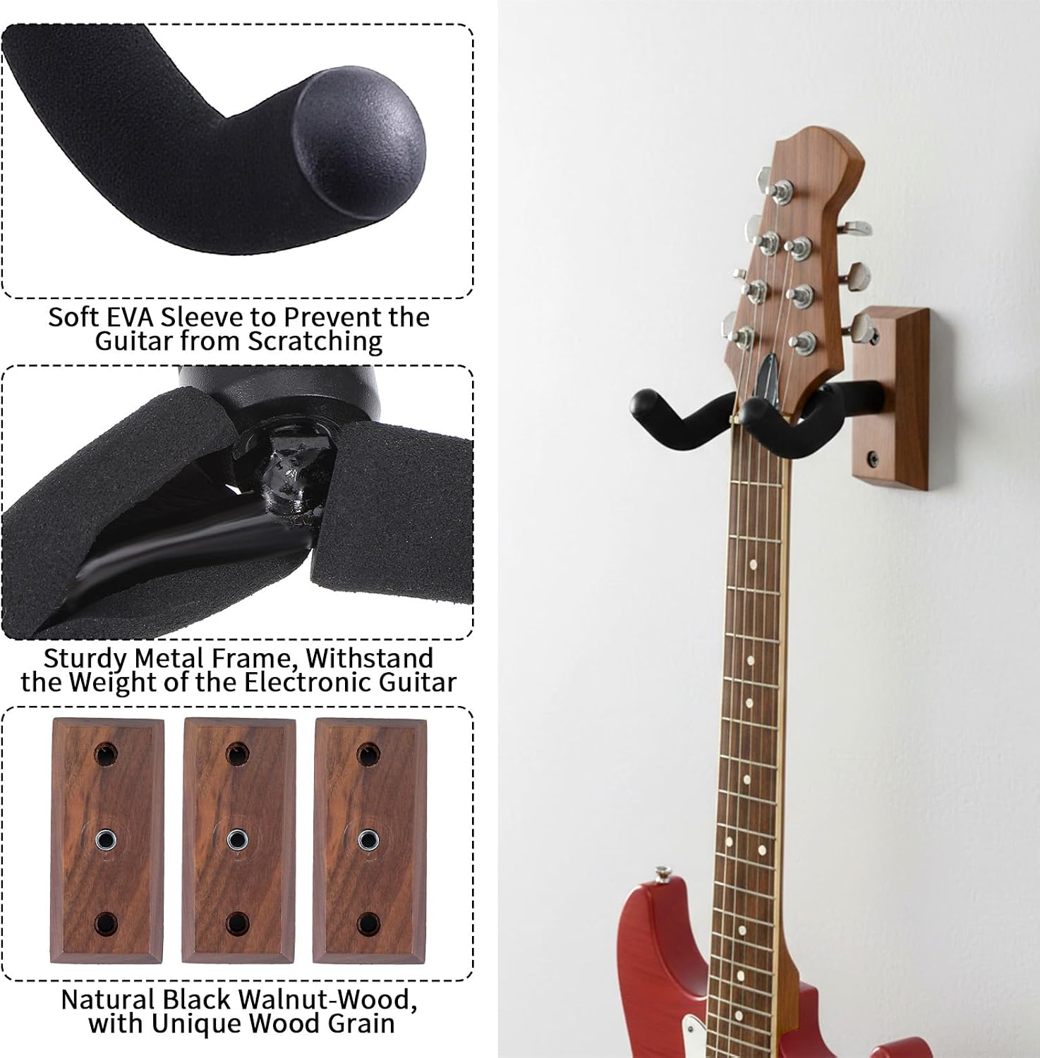 Lemecima 4 Pack Guitar Wall Mount, Guitar Wall Hangers with Rotatable Soft Guitar-Hook for All Size Guitars, Hardwood U-Shaped Guitars-Holder for Acoustic Guitars, Bass, Banjo (Black Walnut)