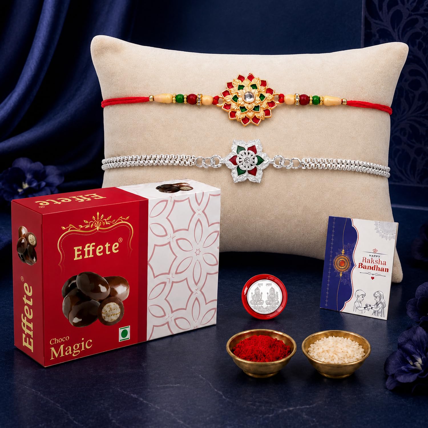 DeoDap Designer Rakhi Set of 2 for Brother – Gold Flower & Silver Colour Floral Design with Choco Magic Chocolate 32gm, Pooja Coin, Roli Chawal & Card | Rakhi with Chocolate Combo for Raksha Bandhan