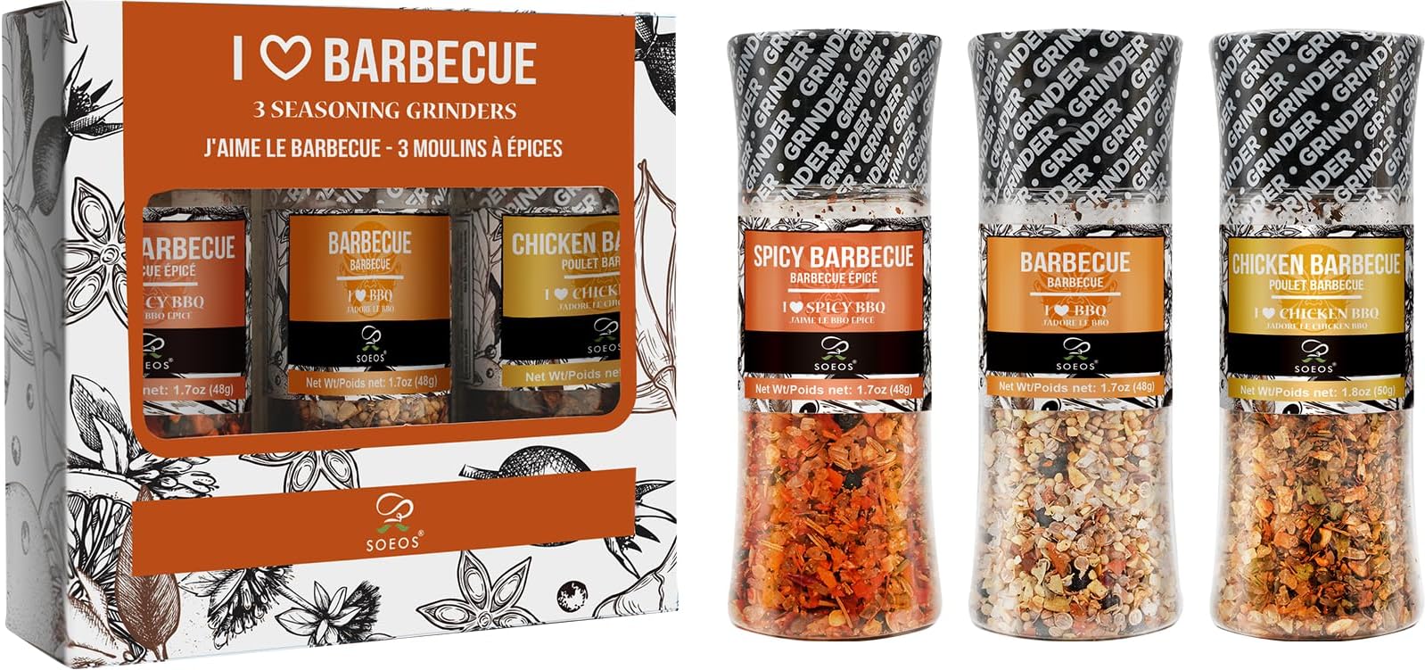 Spice Seasoning Set of 3, 5.2oz(146g), With Integrated Grinders, Salt and Pepper Grinder Set, Pure and Fresh Perfect for BBQ Seasoning Gift Set, Grilling Spice, Herb, Spice & Seasoning Gifts