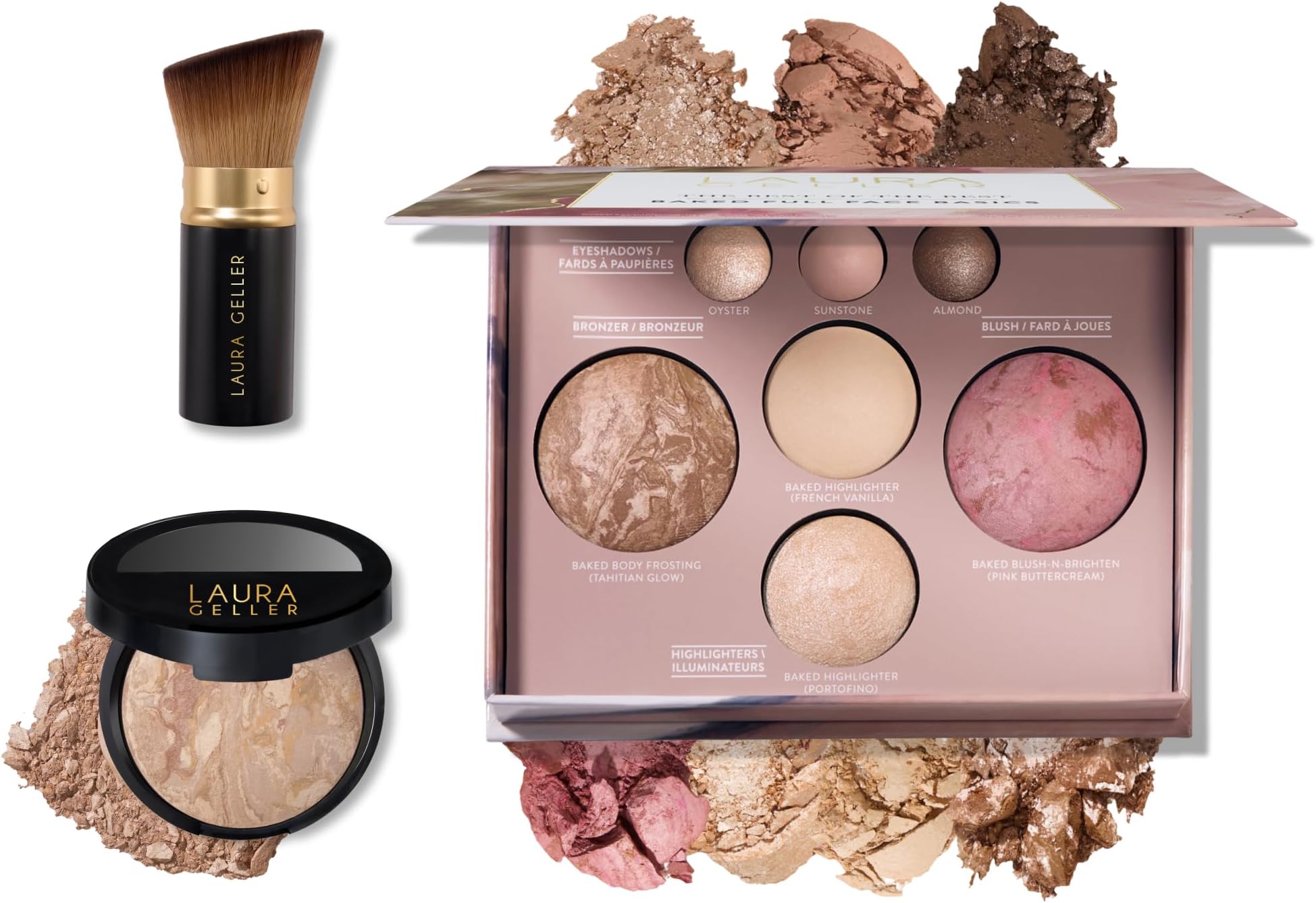 LAURA GELLER Baked Starter Kit: Balance-n-Brighten Powder Foundation, Fair + The Best of The Best Palette + Retractable Angled Kabuki Brush Set