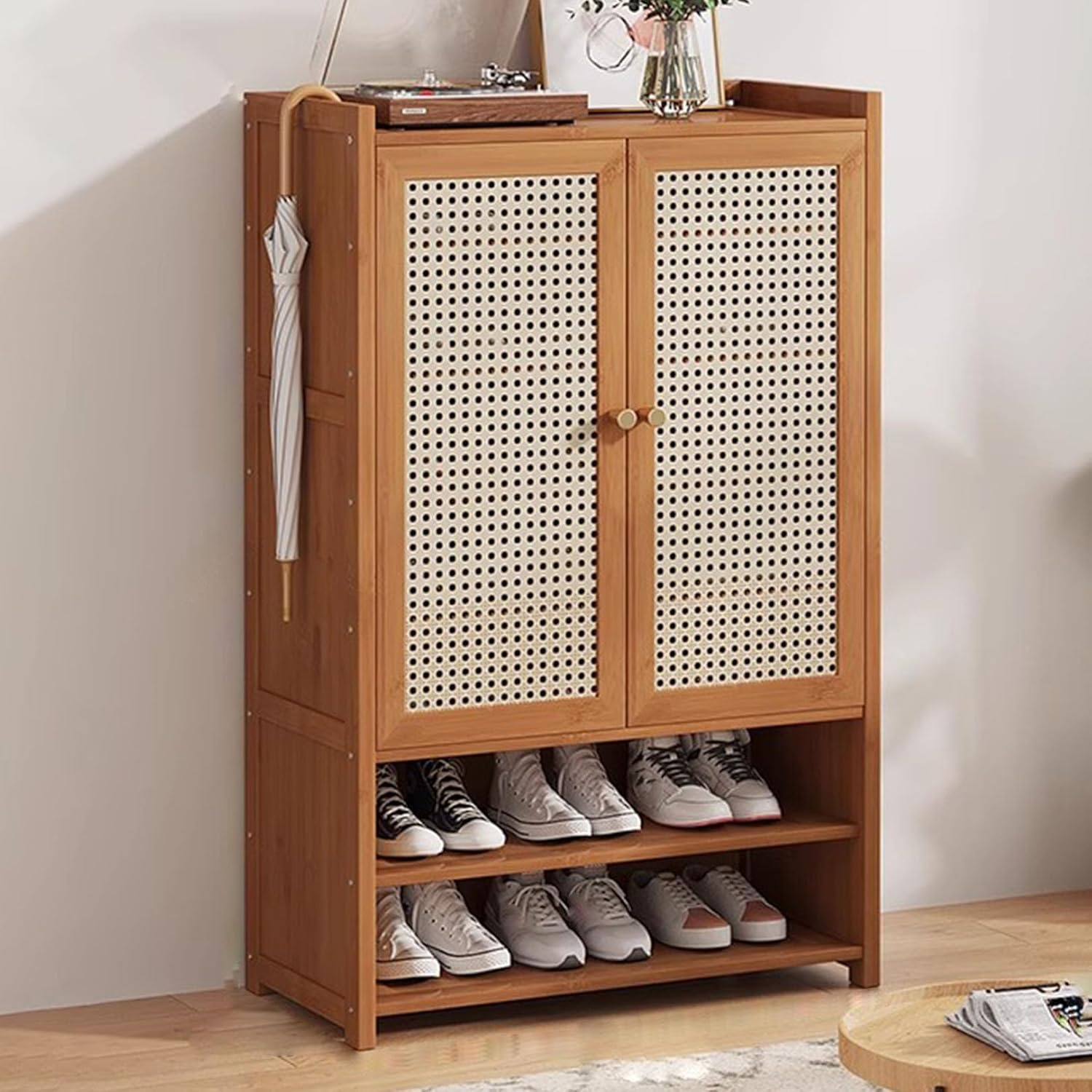 Shoe Storage Cabinet Cabinets Hallway Slim Cupboard Cupboards Hallways Slimline，Freestanding Rattan Shoe Cabinet - 8-Tier Entryway with Adjustable Shelves, Narrow Wooden Storage Solution for