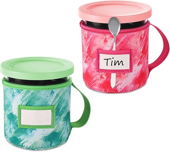 2pcs Ice Cream Neoprene Sleeves, Tie-Dye Prints Reusable Insulated Sleeve Cover for Ninja Creami Ice Cream Pints with Handle Spoon Holder and Name Plate Slot (24oz, A+B Style)