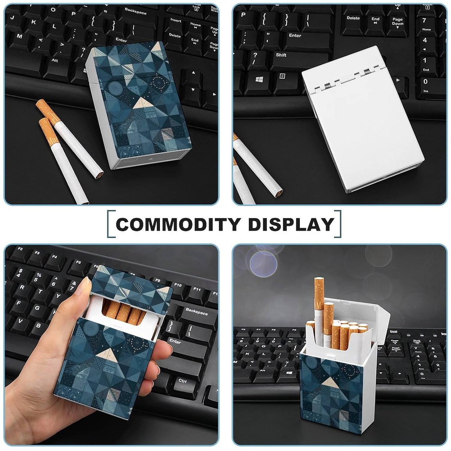 Blue Geometric Pattern Cigarette Case for King Size Retro Holder Case with Exquisite Carved Patterns Box 20 Regular Size Cigarettes