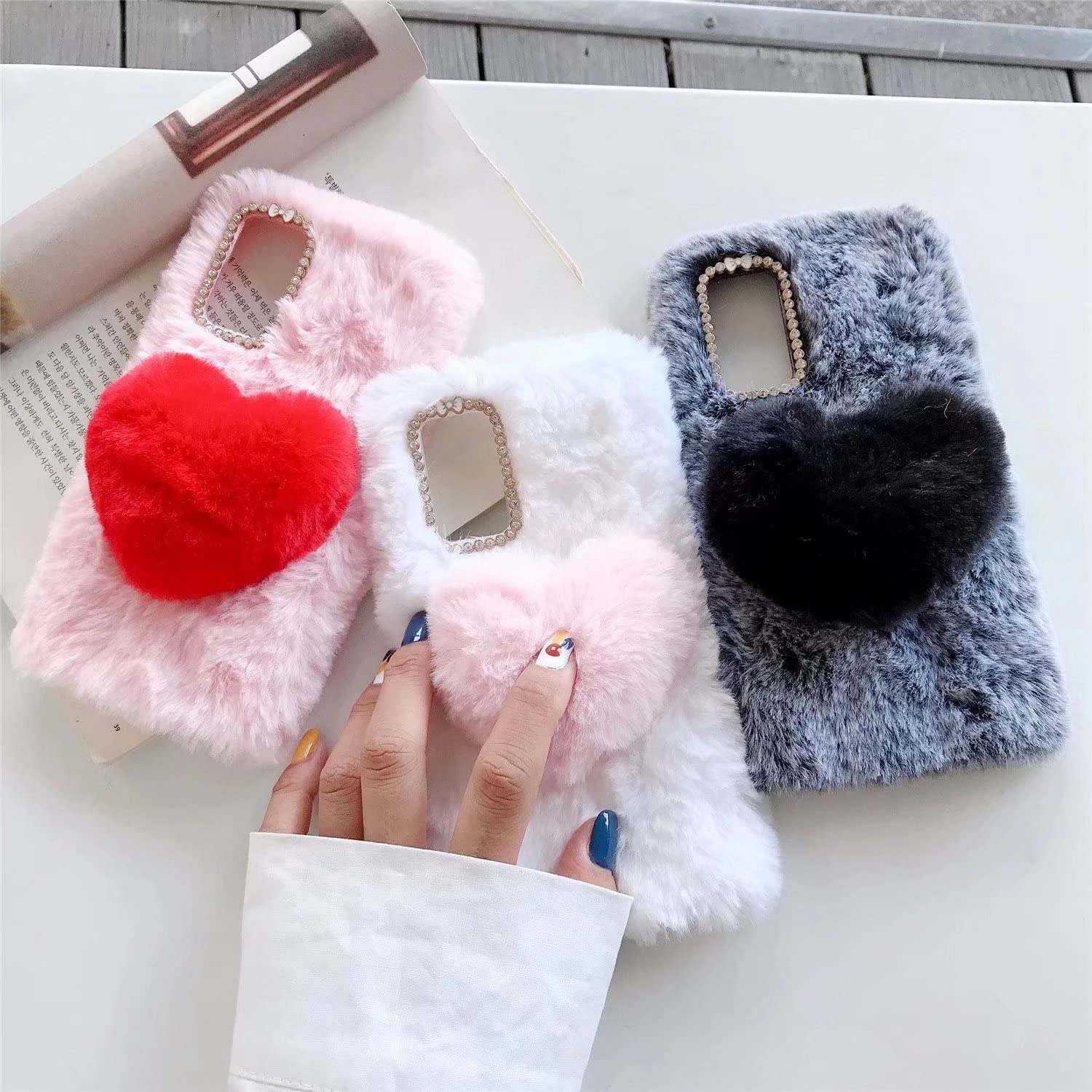 Custodia Peluche A Forma Di Coniglio Per Xiaomi Find X3 Lite - Cover Morbida Con Orecchie E Strass, Antishock, Bianco E Grigio