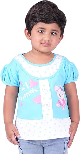 CocoBelle NYC Girls Cape Sleeve Printed Cotton Top Solid (2-3 Years) Lite Blue