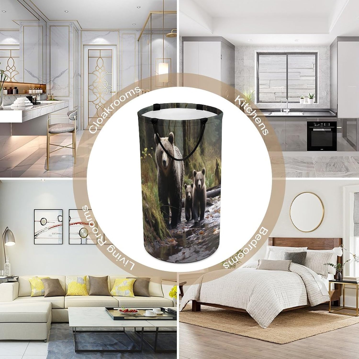 Mother Bear And Her Cubs Laundry Hamper 86L Waterproof Collapsible Clothes Basket with Double Handles Freestanding Foldable Laundry Basket Large Clothes Hamper for Bathroom