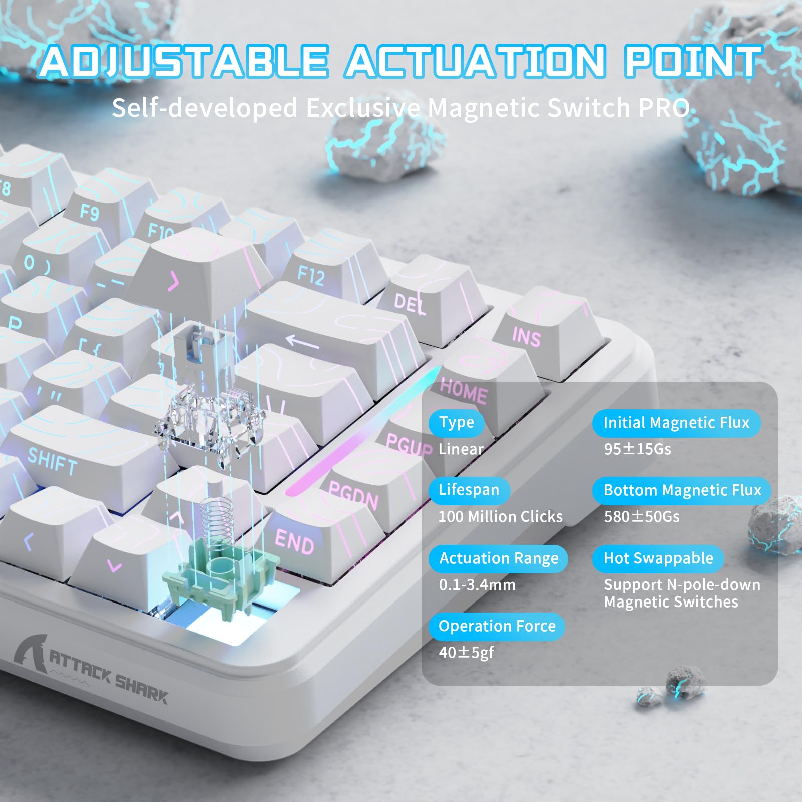 ATTACK SHARK X82PRO HE 75% Wireless Rapid Trigger Klawiatura do gier, Klawiatura z Hall Magnetic Switch z Regulowanym Wyzwalaniem RT 0,01mm, 8KHz, Hot-Swap, RGB, dla PC Gamers (Biały Kontur)