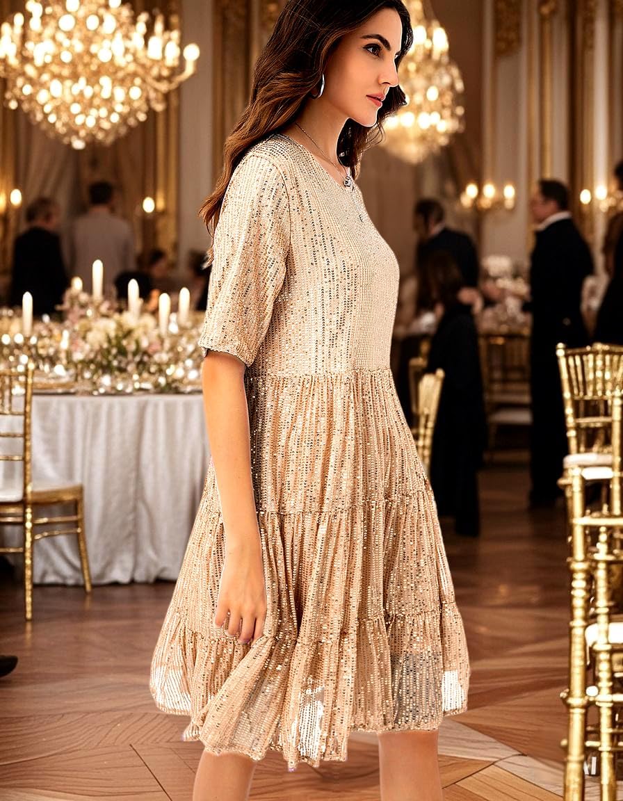 Sequin Babydoll Summer Dress,Sparkly Glitter Dress Short Flowy Tiered Tunic Dress for Women Party Club Night - Image 3