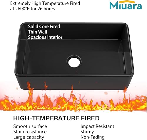 Miniatura 3 de Miuara Fregadero de granja negro de 33 pulgadas, fregadero de cocina de granja de arcilla refractaria empotrada, fregadero grande profundo de un