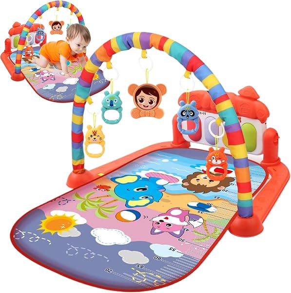 Baby Activity Center with Music & Light Safe & Easy Baby Gym Play Mat with Rattle Pendant Removable Play Mat with Adjustable Board for Newborns and Toddlers Red, Activity Cubes - 1