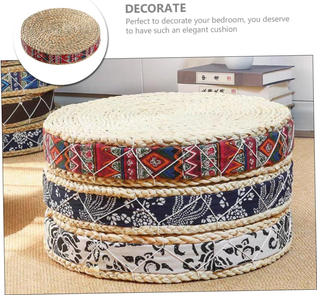 Bohemian Red Woven Meditation Floor Pillow Round 30cm Diameter X 7cm Height Handcrafted Straw Sitting Cushion for Yoga, Tatami, and Indoor Floor Seating