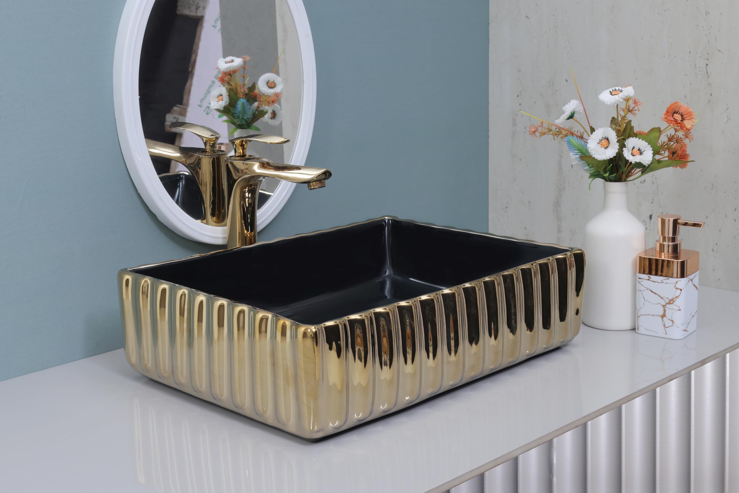 HISRE Premium Ceramic Table Top Wash Basin - Modern Design Sink - Perfect for Living room & Bathroom (Black & Golden) (Model - G3001), photo 2 of 3