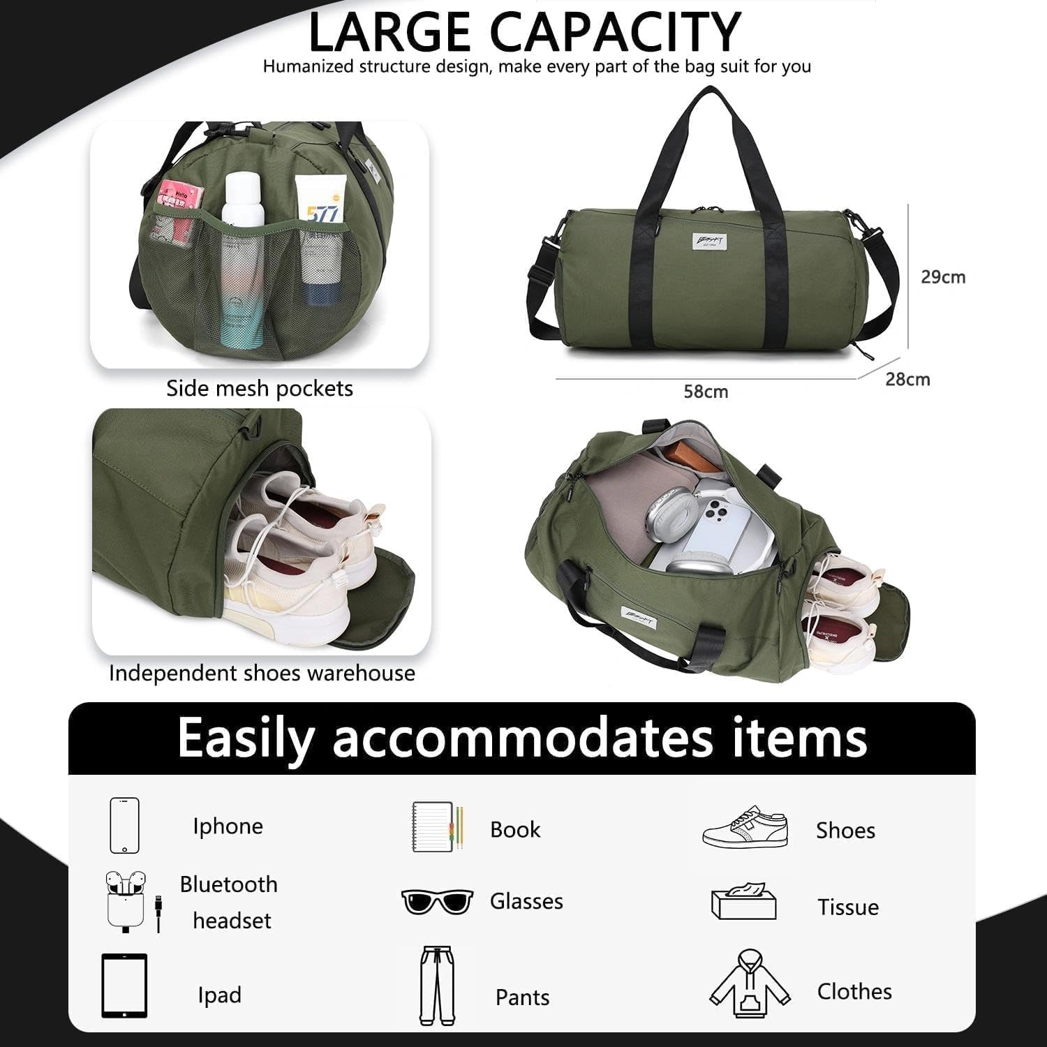 BE SMART Waterproof Mens Gym Bag with Shoe Compartment, Sports Gym Duffle Bag for Men Women, Lightweight Large Sport Duffel Bag for Travel, Sports, Fitness & Workout(Olive Green) - Image 6