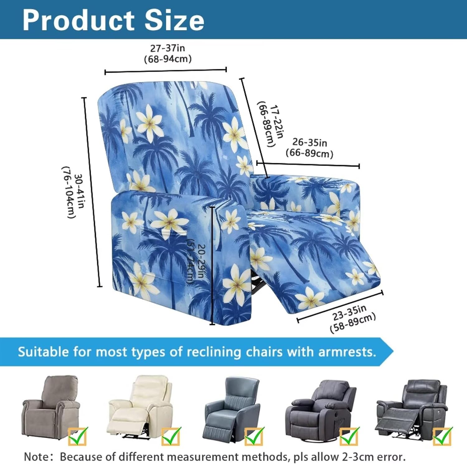 Recliner Covers that Stay in Place Sofa Slipcovers 4-Pieces Soft Reclining Chair Covers with Pockets for Living Room, Hawaiian Palm Tree Plumeria Print Blue