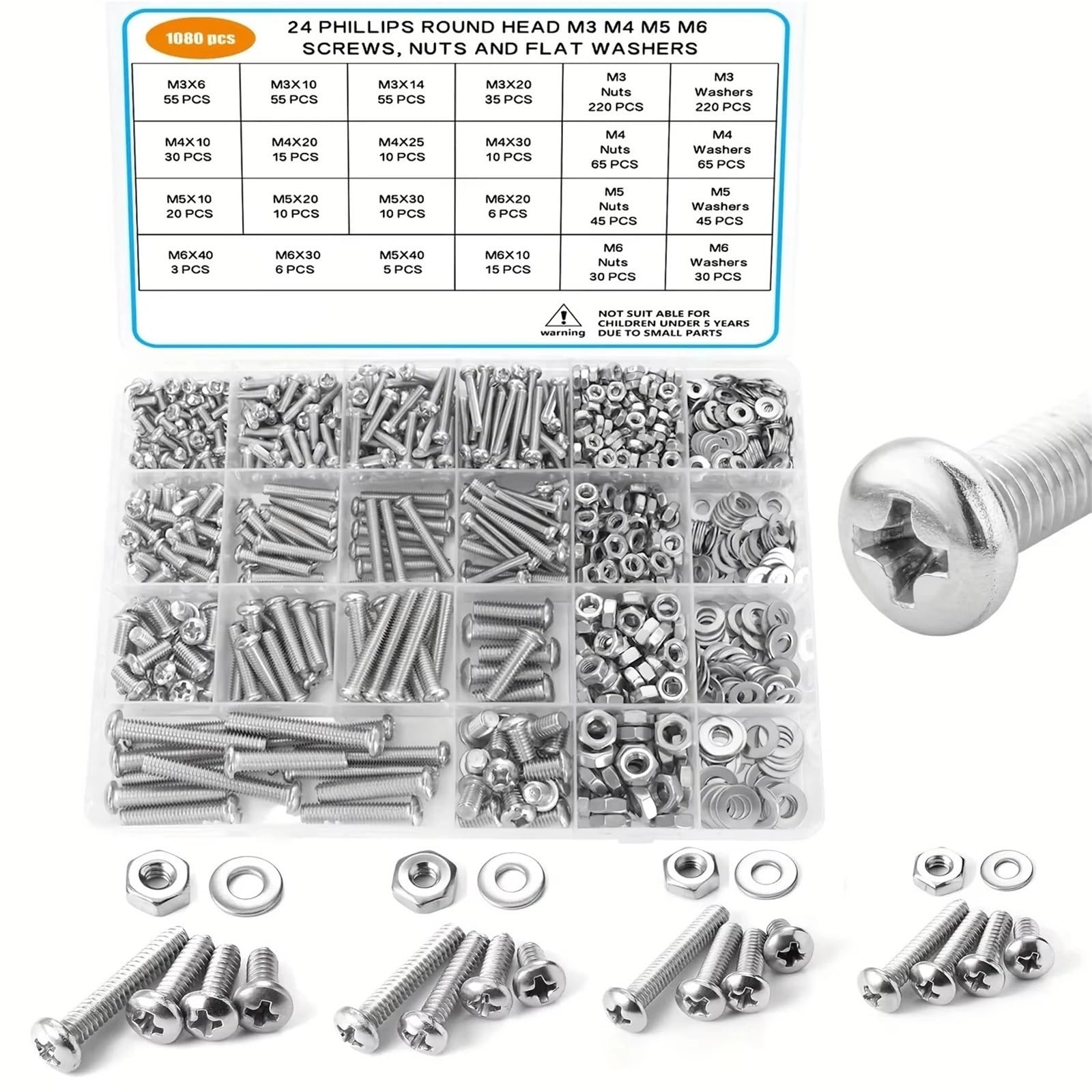 Vis Boulons Et Écrous Kit Kit d'assortiment de vis, boulons et écrous, à métaux métriques, rondelles plates, M3/M4/M5/M6, 1080 pièces