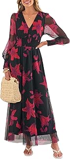 Women's Floral Maxi Dress 2025 Fall V Neck Puff Long Sleeve Flowy Casual Wedding Guest Tee Party Tulle Dresses