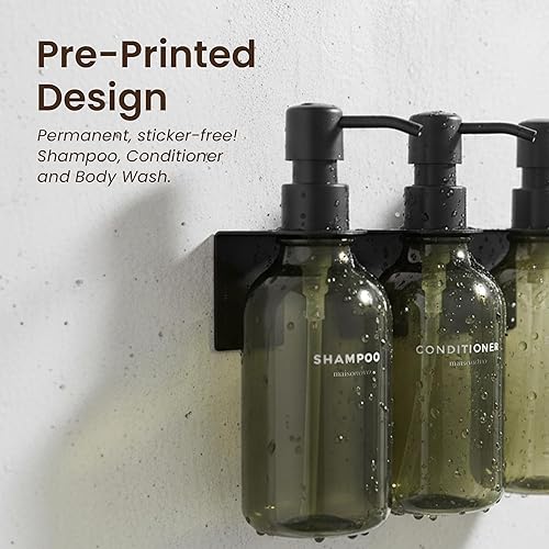 Miniatura 4 de MaisoNovo Dispensador de champú y acondicionador, dispensador de jabón de ducha montado en la pared, juego de 3 botellas de plástico verde de 16.9
