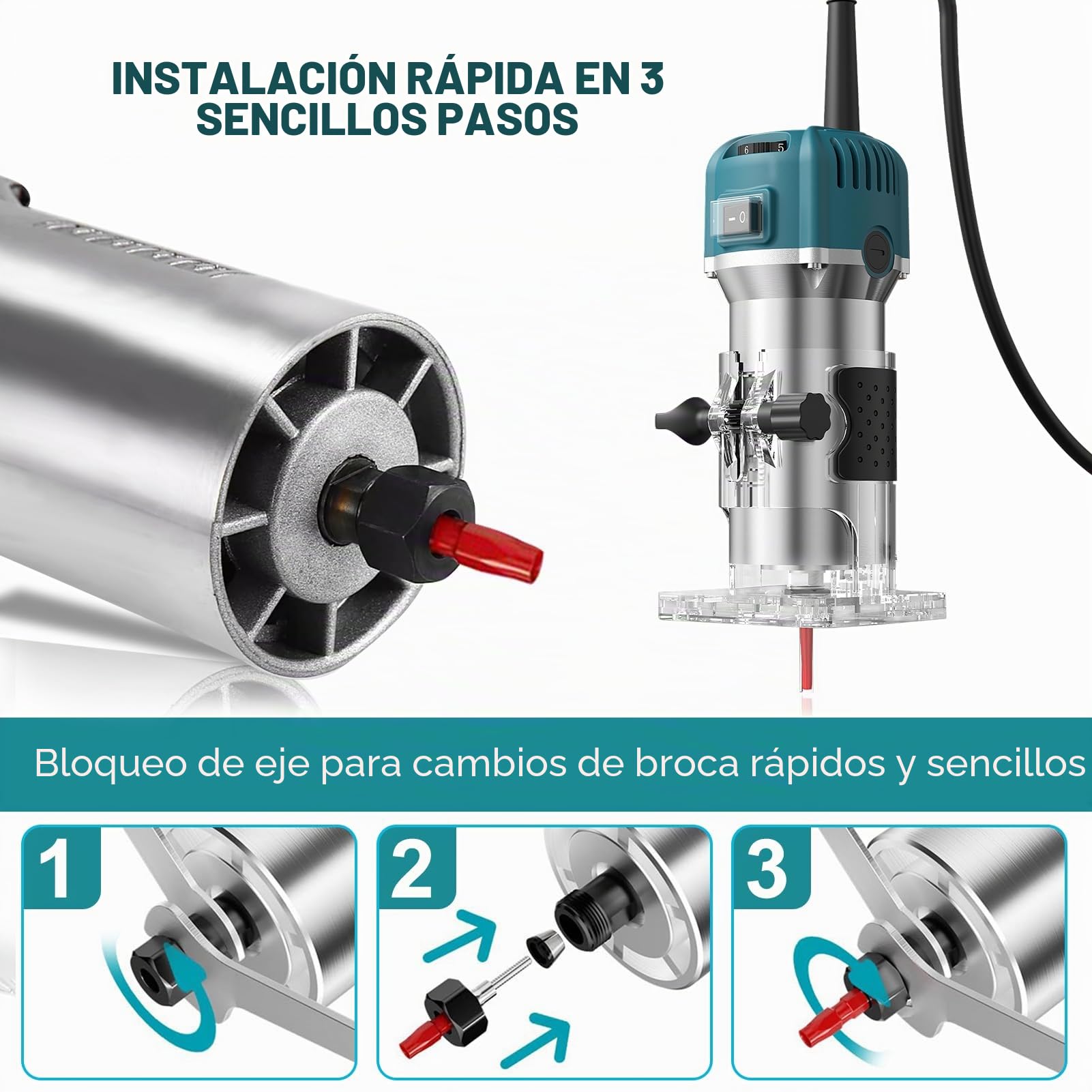Fresadora eléctrica de madera con una sola mano, 1000 W, 30000 rpm, con 15 cabezales de fresado, 6 velocidades, fresadora con cierre rápido, ligero, resistente al polvo, motor de cobre