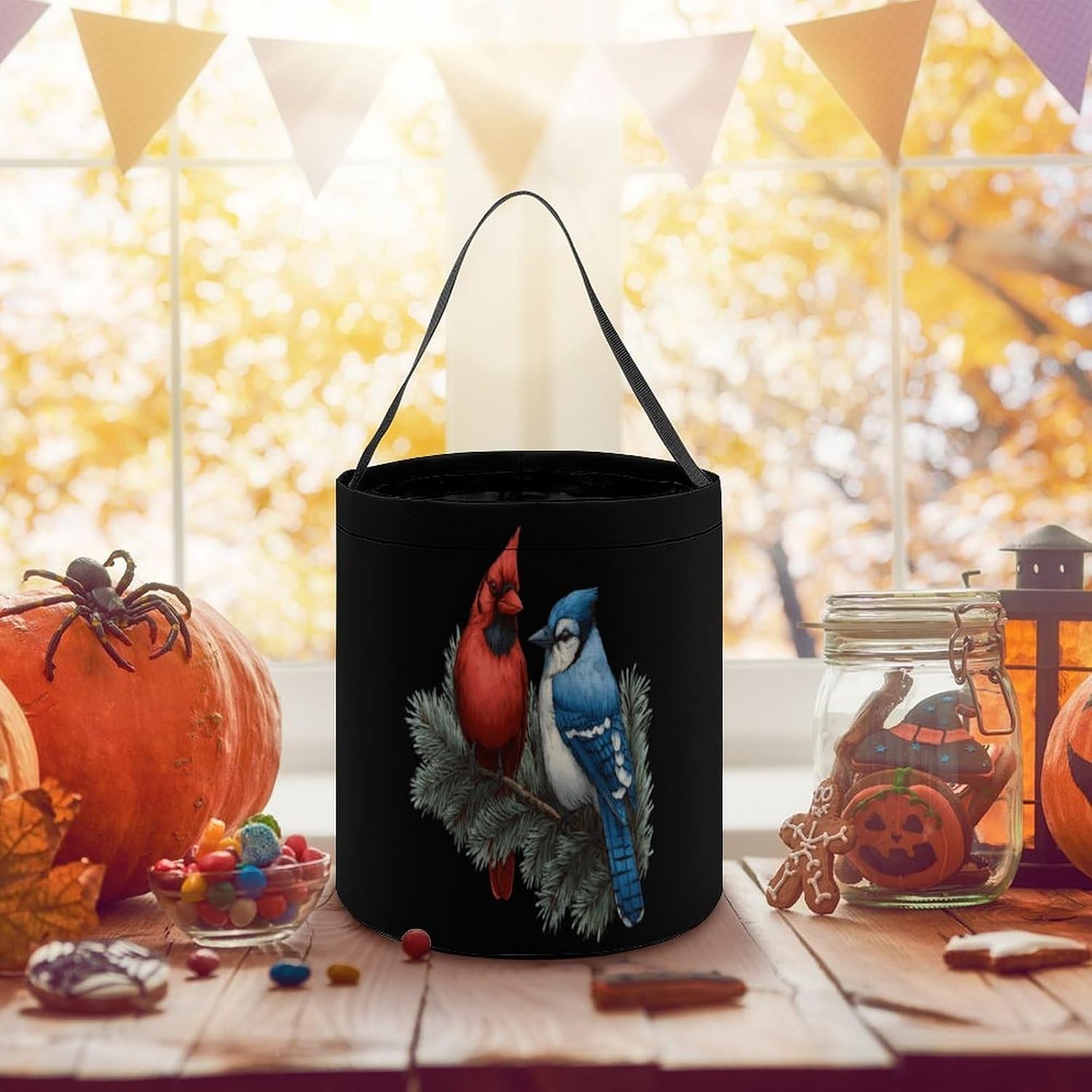 Cardinal And Blue Jay Halloween Treat Bag Reusable Candy Basket Tote Goody Bags Gift Party