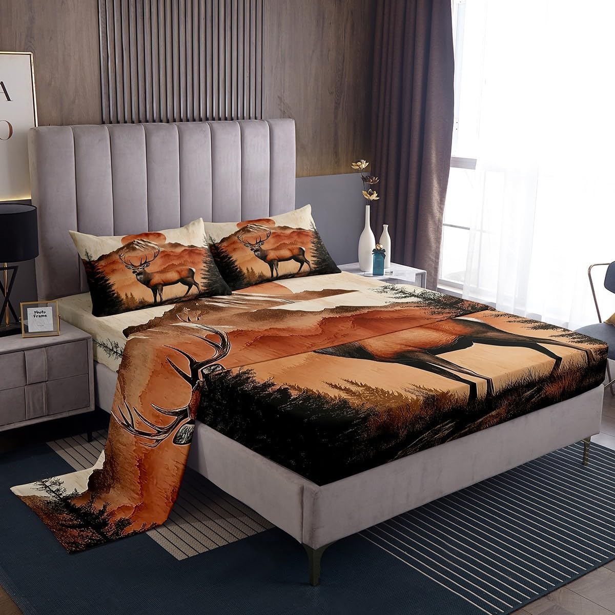 jejeloiu Kids Deer Bed Sheets Set Twin Size Antler Hunting Bedding Set for Boys Girls Teens Western Lodge Cabin Farmhouse Wildlife Animal Fitted Sheet Room Decor