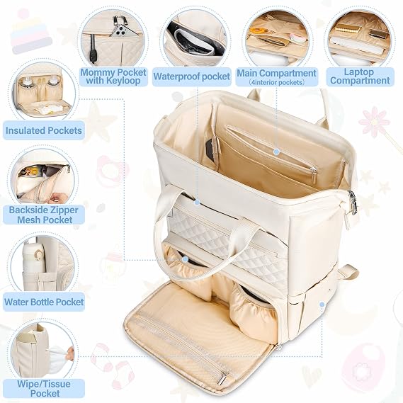 RAINSMORE Baby Changing Bag Backpack Multifunction Nappy Bag with Portable Changing Mat Baby Diaper Bags Large Travel Pram Bag for Mom & Dad-White