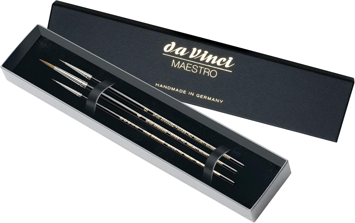 da Vinci Watercolor Maestro Kolinsky Red Sable Brush Set 5500-3 Brush Set - Series 10 Sharp Round in Sizes 5/0, 0 & 4 in an Elegant Black Gift Box.