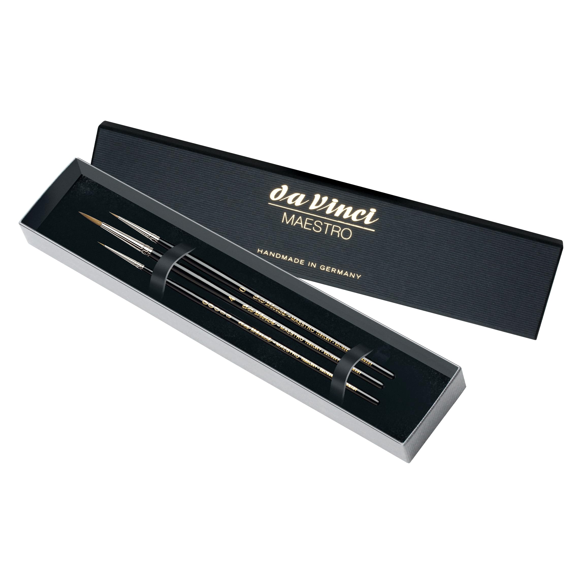 da Vinci Watercolor Maestro Kolinsky Red Sable Brush Set 5500-3 - Serie 10 Sharp Round en tamaños 5/0, 0 y 4 en una Elegante Caja de Regalo Negra
