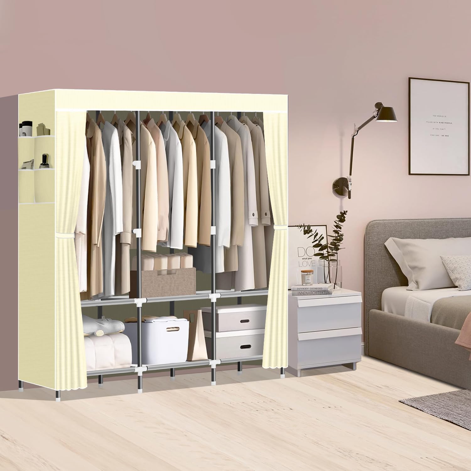 lokeme wardrobe closet,portable closet for bedroom steel pipe diameter 19mm strong and sturdy beige portable closets for hanging clothes with 3 hanging rods, 6 storage shelves and side pocket