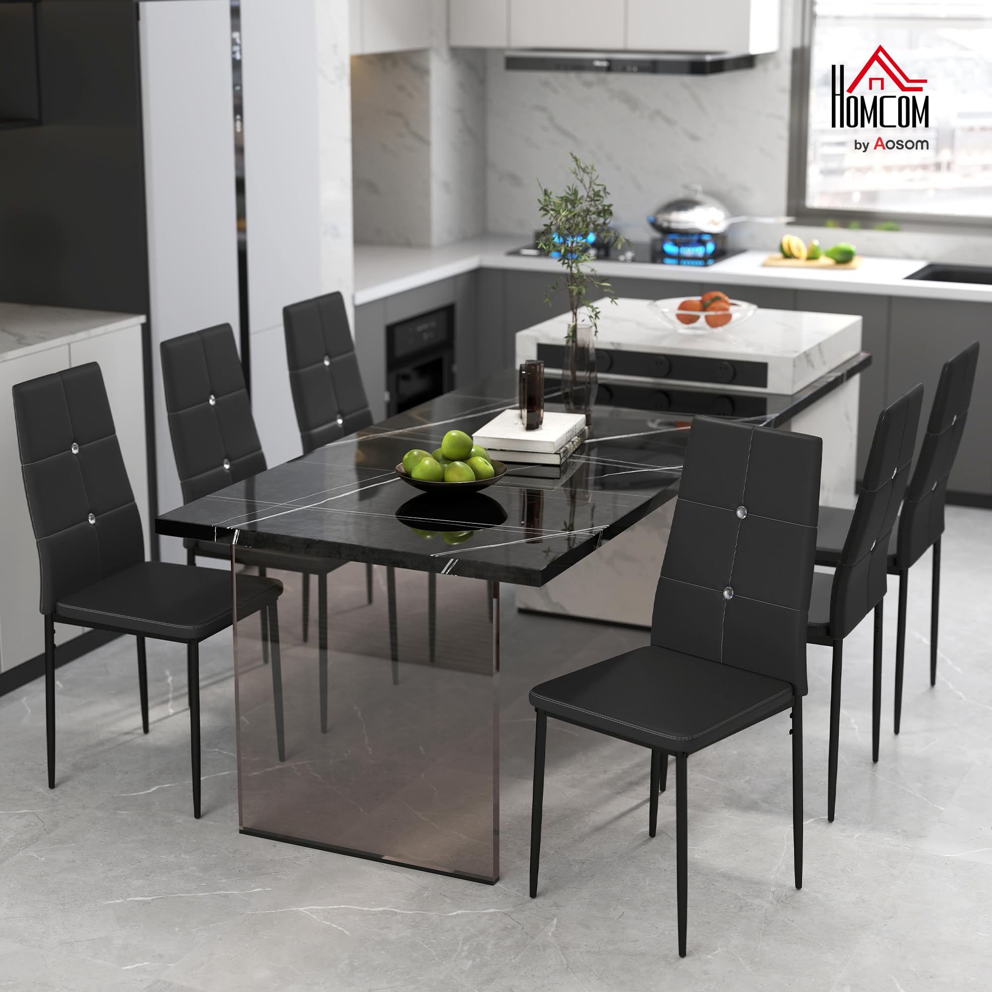 HOMCOM Juego de 6 Sillas de Comedor con Respaldo Alto para Salón Negro | Tapizada en PU, Sillas de Cocina Modernas, Botones, Patas de Acero, Dormitorio