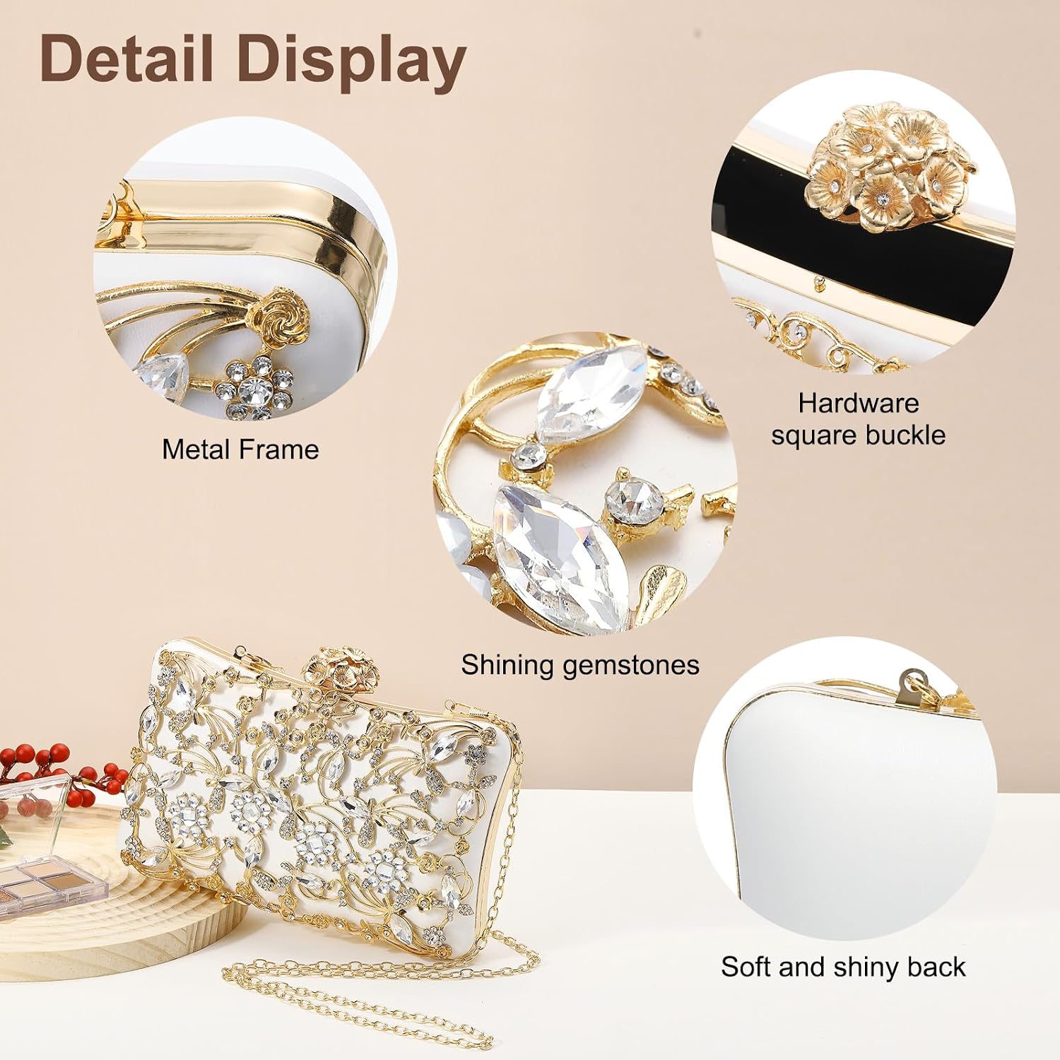 DTGN Evening Bags Clutch Purses for Women Formal, Purse Crossbody Handbag Rhinestone Shoulder Bag with Chain Sparkly for Wedding Bridal Guest Party White