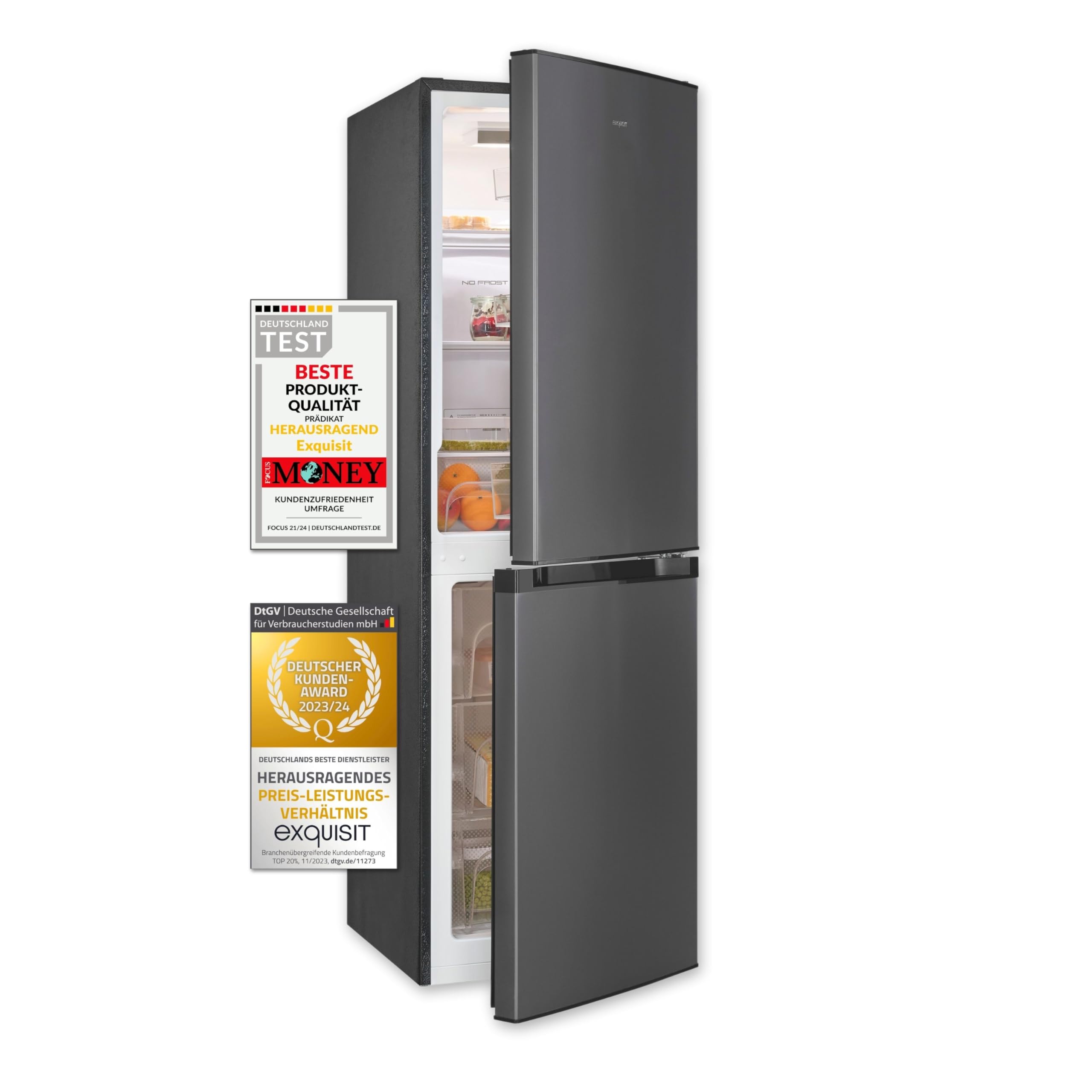 Exquisit® Frigorífico Combi No Frost 193L Inoxlook Antracita Clase E | Multi Air Flow, display LED y medidas 157,5 x 48,5 x 60,0 cm. Gran capacidad y diseño moderno