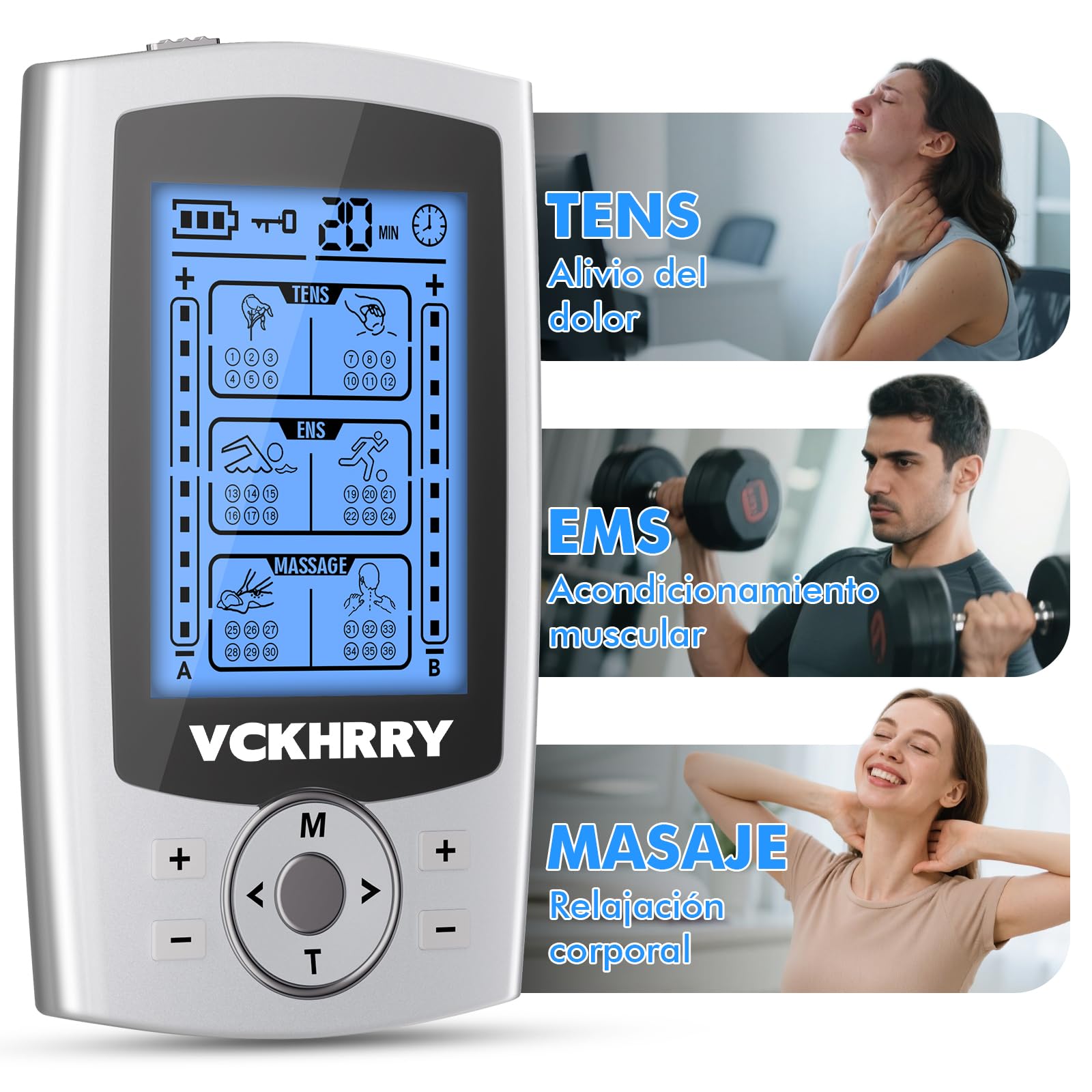 Electroestimulador Muscular 3 en 1 TENS EMS Masaje Electrodos con 24 Programas 2 Canales 10 Electrodos TENS 20 Niveles de Intensidad para Muscular Relajación