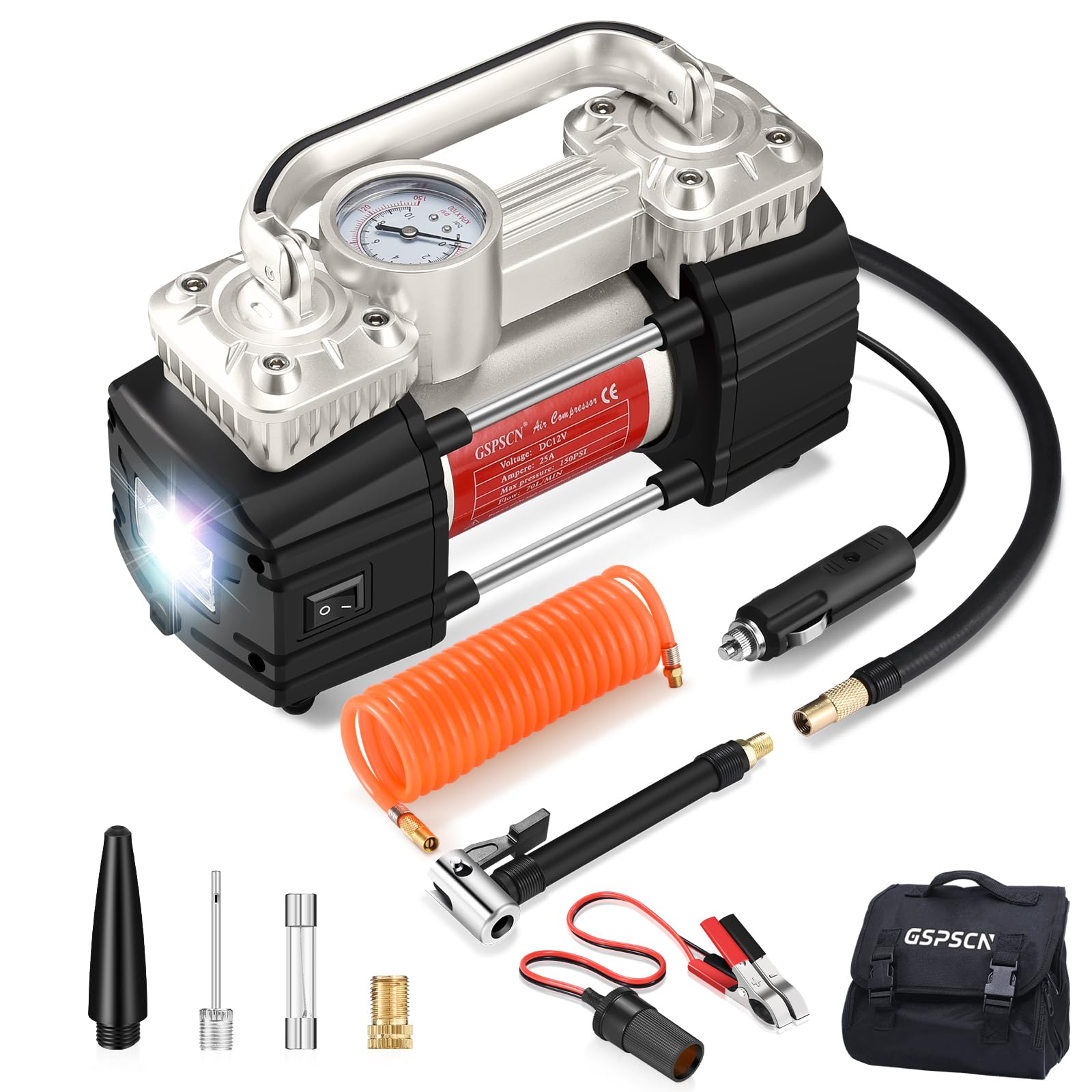 GSPSCN Silver Dual Cylinder 12V Air Compressor Pump for Car, Heavy Duty Portable Tyre Inflator 150PSI with LED Work Lights for Auto,Truck,SUV, Balls etc