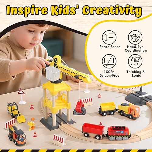 Miniatura 2 de Lehoo Castle Juego de tren de madera, juguetes de construcción para niños de 2 a 4 años, pista de tren de madera para niños con grúa, juguetes de