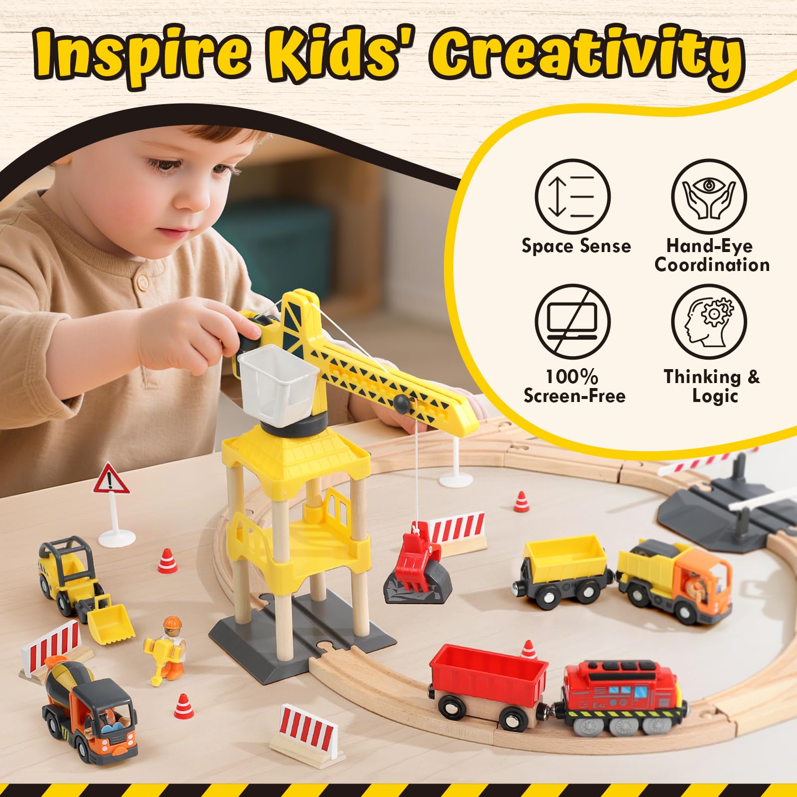 Lehoo Castle 68PCS Wooden Train Set - Toy Train Set for Toddlers 2-4, Wooden Train Track for Kids w/Crane, Railway Playset for 3 Year Old Boys Girls Birthday Gift - 3