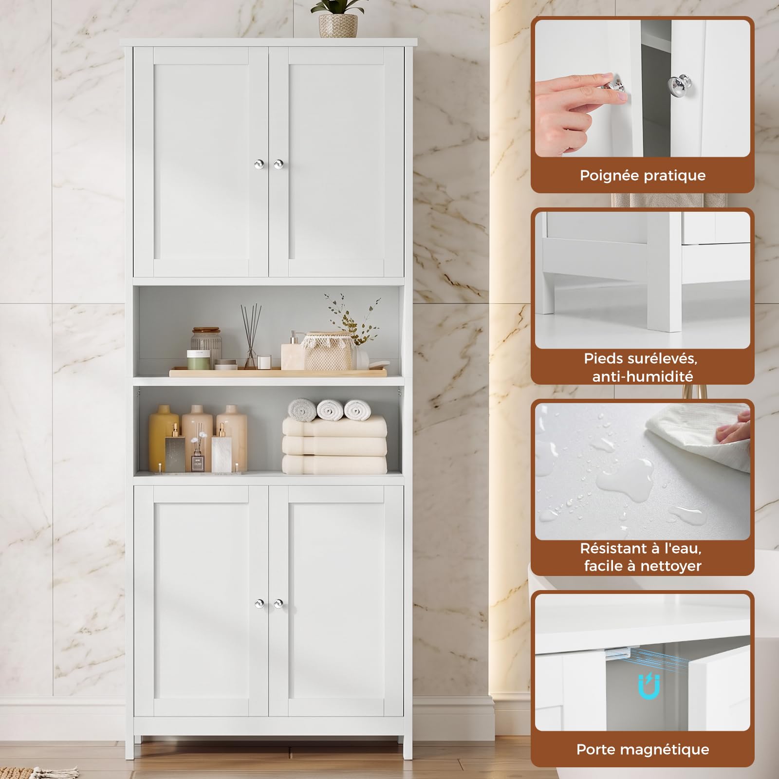 ELUCHANG Meuble Colonne de Salle de Bain, Armoire Haute Cuisine avec 2Étagères Réglables et Ouvertes, 4 Portes, Meuble de Rangement pour Salon, Cuisine, Salle de Bain, 60x30x180 cm